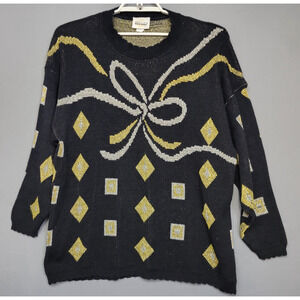 Vintage 80s TR Bentley Woman Sweater Womens 18W Black Gold Geometric Shimmer